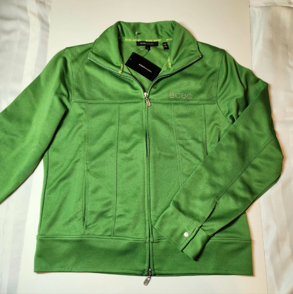BCBG Max Azria Green Jacket Rhinestone Logo Full Zip Size L